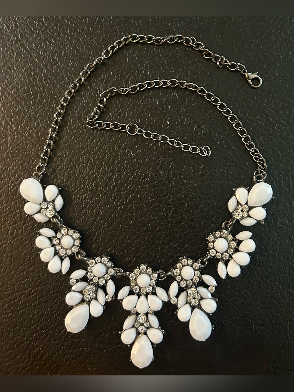 White Floral Bib Necklace with Crystal Accents